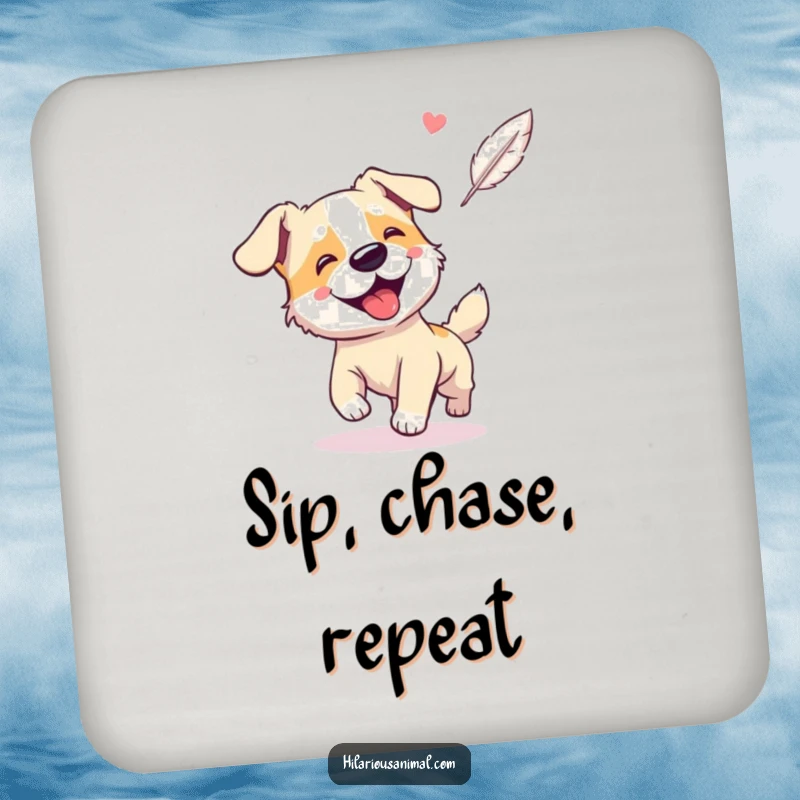 Funny drink coasters featuring a giggling, panting dog intently chasing a floating feather.