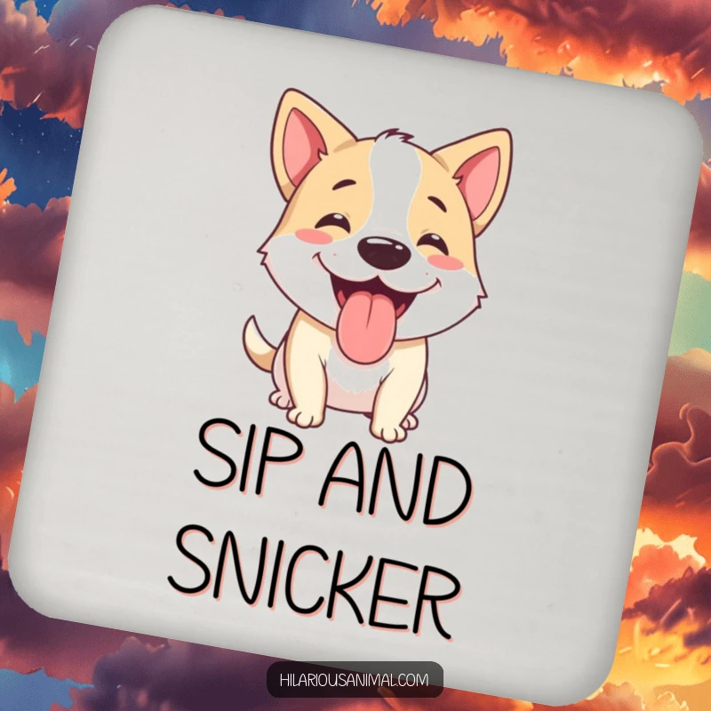 Funny dog coasters featuring a happy dog panting, tongue out, mid-chuckle, a humorous and protective addition.