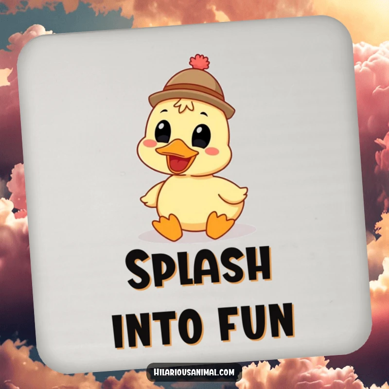 Funny grinning duck hat coaster, cork backing, showcases a quacking bird, protects furniture with fowl humor.