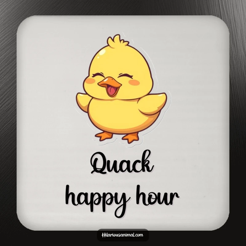 Funny Duck Quacking Coaster showcasing a chubby yellow duck laughing heartily with eyes squeezed shut, adding a touch of humorous charm to any beverage setup.