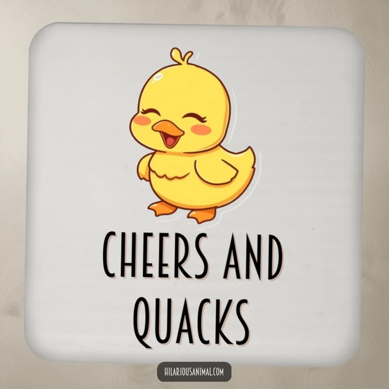 Funny yellow duckling drink coaster, eyes closed in a happy giggle, a charming surface protector.
