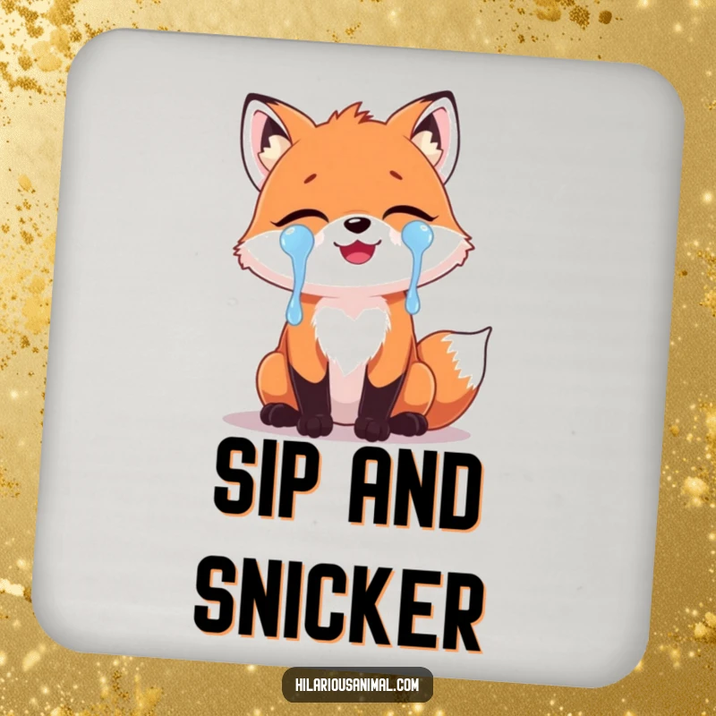 Funny Fox Laughing Tears Coasters: A set of coasters featuring a cute fox shedding tears of laughter, offering protection with a humorous animal design.