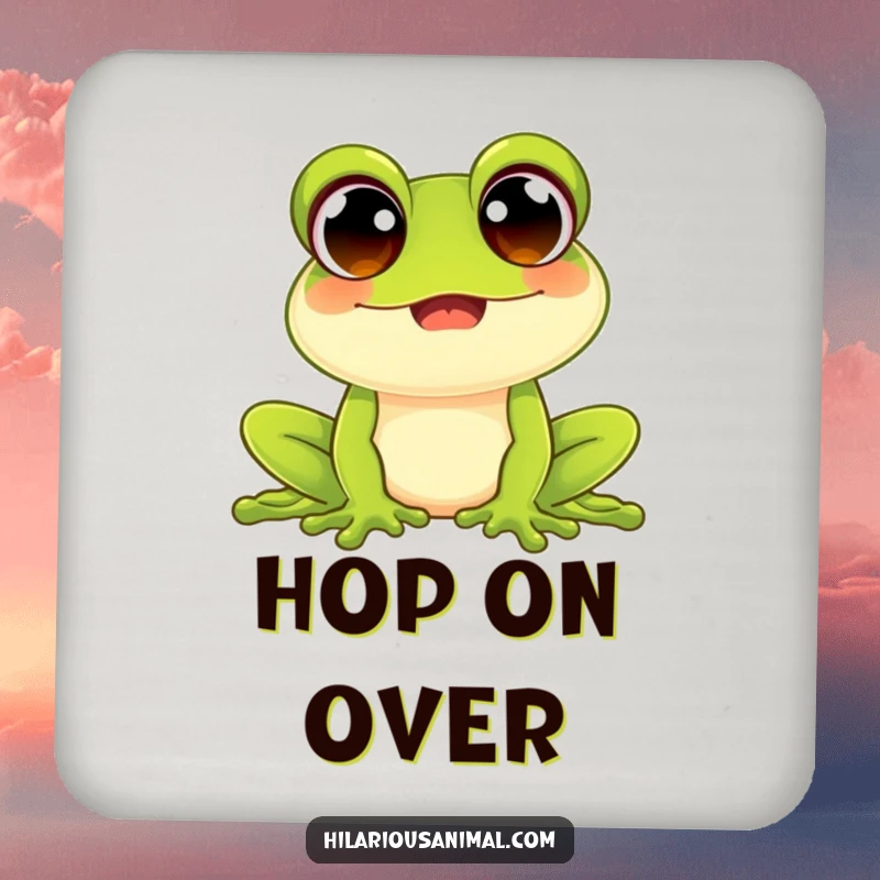 Funny happy frog croak coaster, cork backing, showcases a joyful amphibian, protects furniture with funny amphibian humor.
