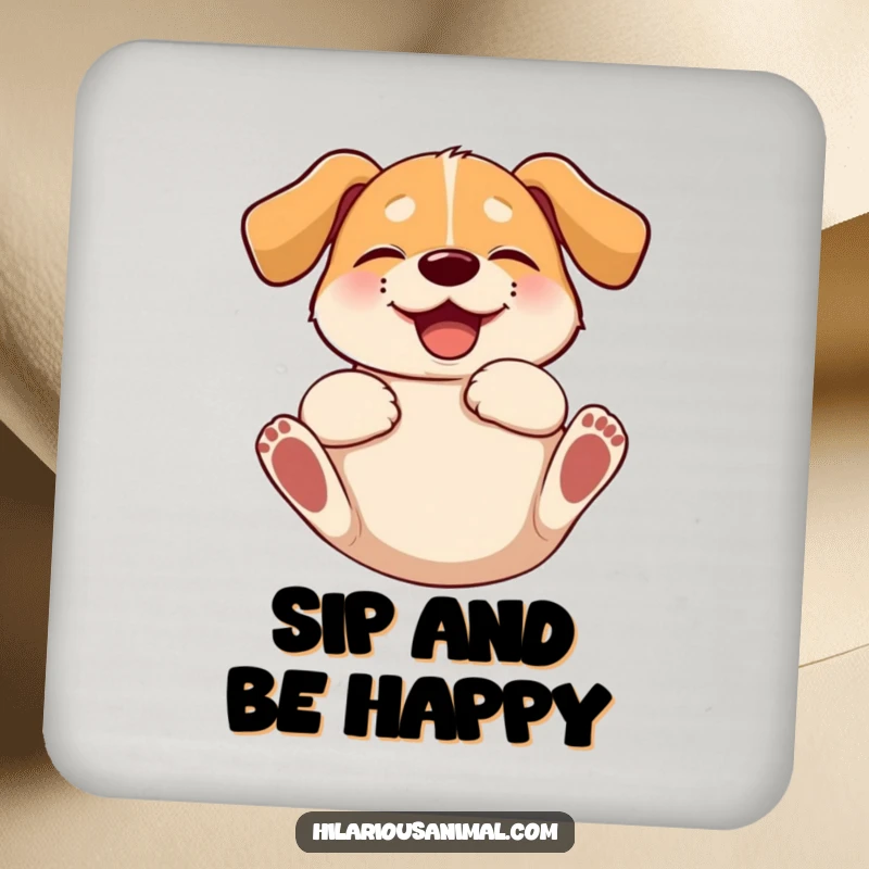 Funny dog coaster featuring a floppy-eared dog rolling on its back, radiating pure, unadulterated giggling joy.