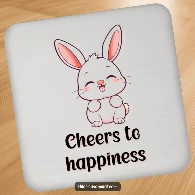 Funny bunny coaster of a happy bunny with a twitching nose and ears perked high, looking incredibly amused.