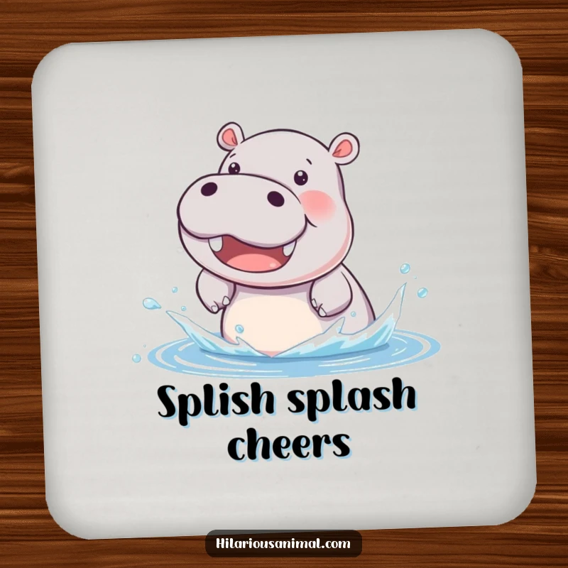 Funny hippo cub coasters, beaming and splashing water with delight, protecting surfaces with playful humor.