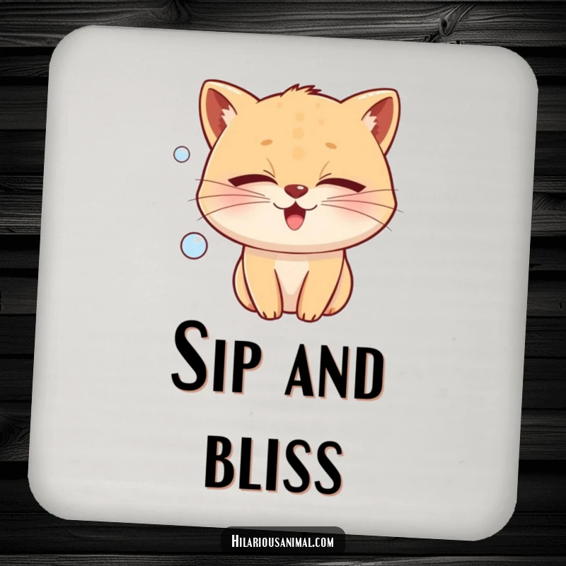 Funny whiskered animal with eyes shut tight, emitting a bubble of joy, on a drink coaster, a calm and funny gift.