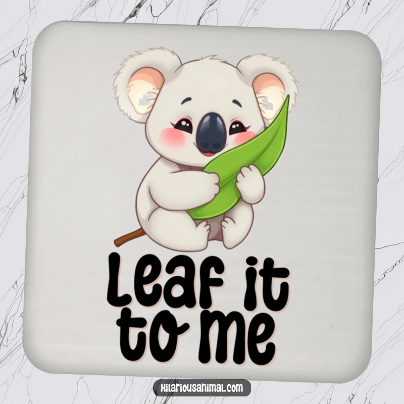 Funny koala cub coasters, joyfully hugging a eucalyptus leaf with crinkled eyes, protecting surfaces with charm.