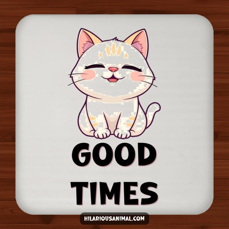 Funny Laughing Cat Coasters featuring a cat with eyes shut, head back, laughing heartily, protecting surfaces.