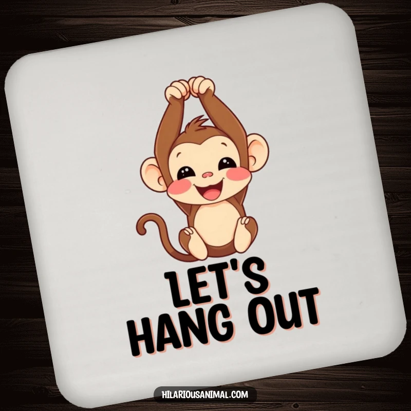 Funny monkey cub coasters, joyfully hanging upside down with a chuckle, protecting surfaces with humor.