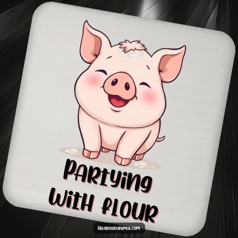 Funny piglet coaster, a plump piglet snorting with delight, covered in flour, adding a touch of sweet humor to any setting.