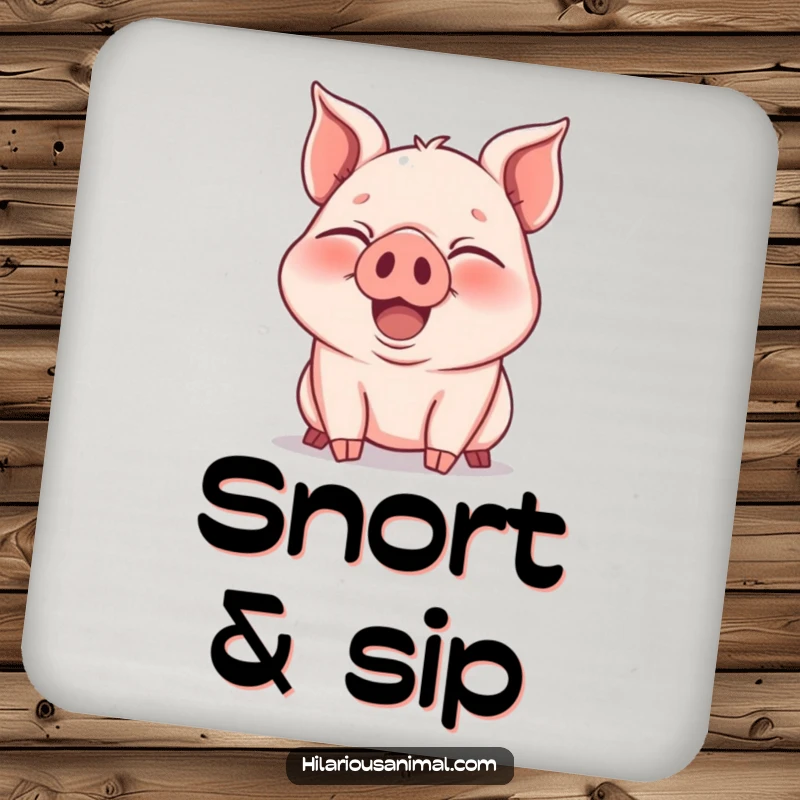 Funny Drink Coaster: A joyous piglet snorting with laughter, eyes squeezed shut, adding farmyard fun to your tabletop.