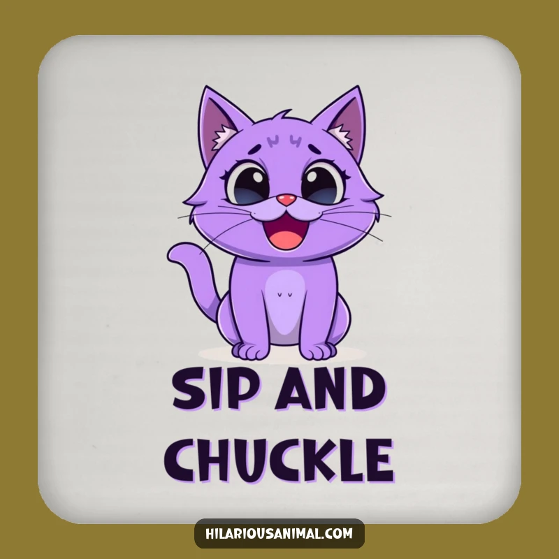 Funny Purple Cat Drink Coaster - Protect Surfaces with a Laughing Creature!