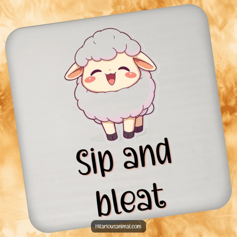 Funny joyful fluffy sheep character chuckling, head thrown back on a drink coaster, protecting tables with happiness, a perfect funny gift.