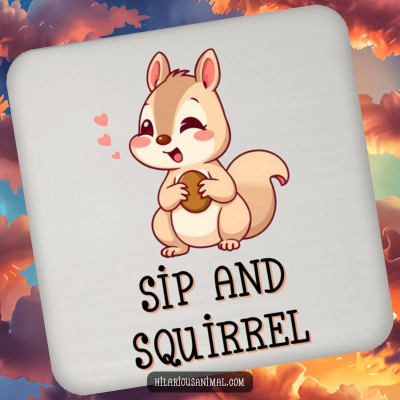 Funny squirrel coasters featuring a curious squirrel chattering with amusement, holding a nut, bringing humor to table settings.