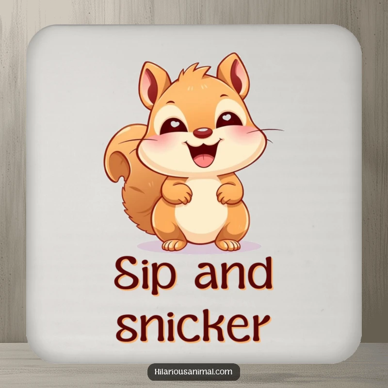 Funny happy squirrel with bright eyes, laughing joyfully, featured on protective drink coasters, adding a touch of animal charm.