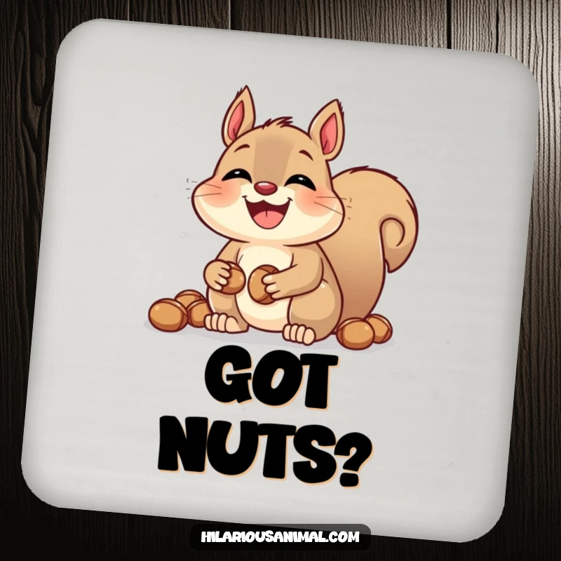 Funny laughing squirrel nut coaster, cork backing, showcases a squirrel stuffing its cheeks with nuts, protects furniture with nutty humor.