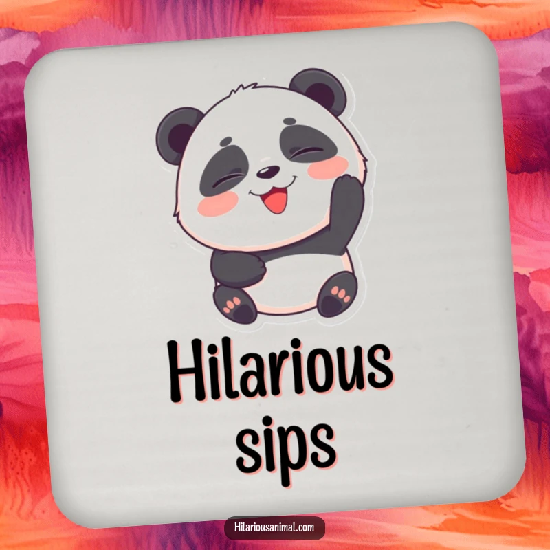 Funny Panda Cub Coaster: A round panda cub with eyes squeezed shut, laughing heartily, adding humor to drinks.
