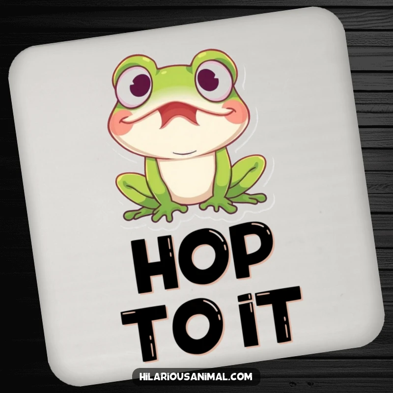 Funny amused frog drink coasters with a frog with wide eyes caught in a fit of mirth, protecting surfaces with humor