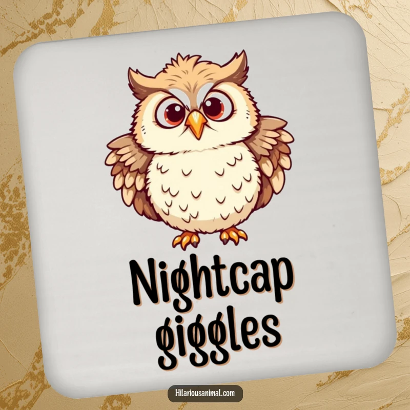 Funny owl coaster of a chuckling owl with ruffled feathers and eyes wide with mirth, embodying wise amusement.