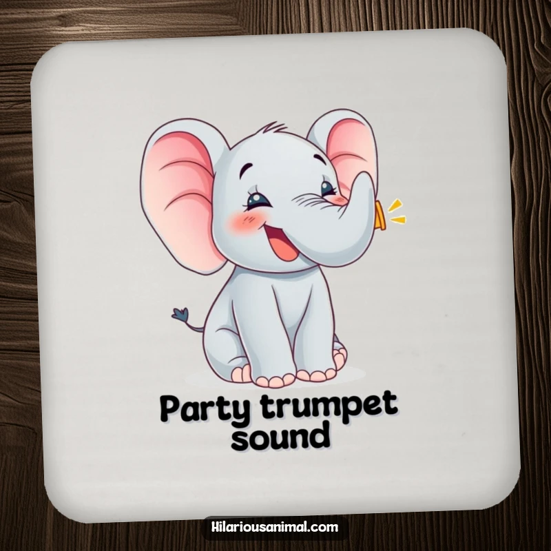 Funny elephant cub trumpeting with joy, set of drink coasters, flapping ears, protecting furniture with adorable and happy artwork.