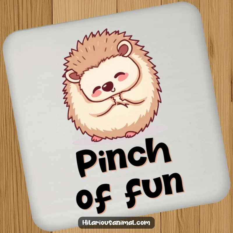 Funny small hedgehog curled into a ball, shaking with silent laughter, featured on protective drink coasters, adding charming art.