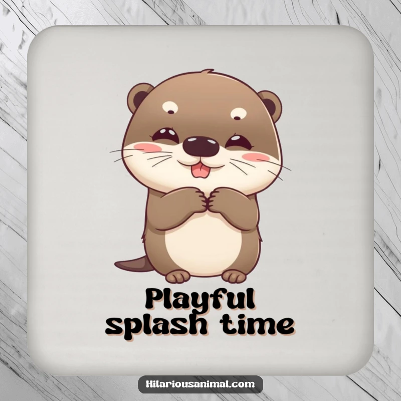 Funny otter drink coaster, featuring a beaming round cub clutching sides with suppressed giggles, a small humorous addition.