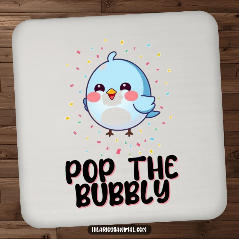 Funny round blue bird coasters featuring a colorful confetti shower, offering humorous and festive surface protection.