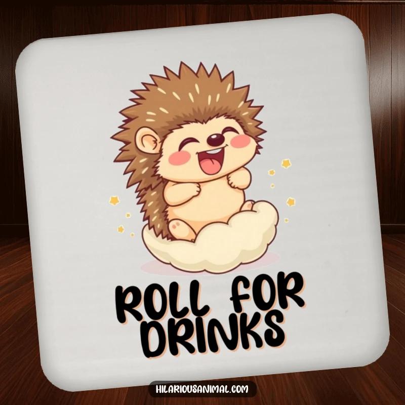 Funny Hedgehog Cub Coaster: A jovial hedgehog cub rolling into a ball of laughter, adding humor to drinks.