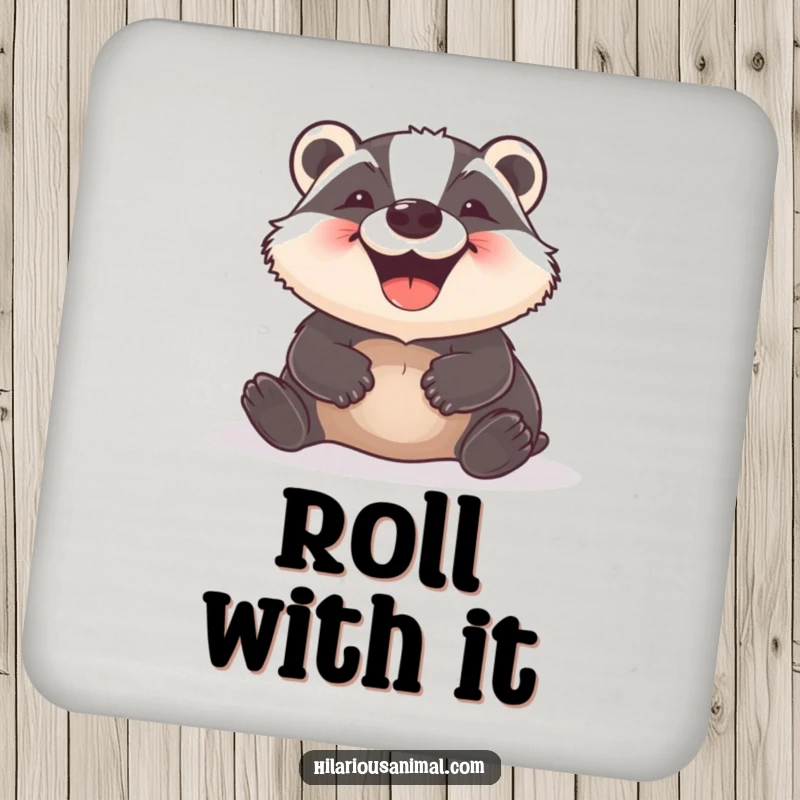 Funny Badger Drink Coaster depicting a joyful badger rolling with a wide grin, protecting furniture with a dose of animal humor.