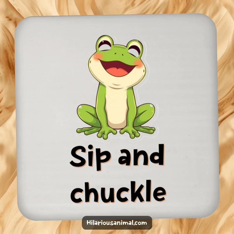 Funny green frog drink coaster, mouth wide open in loud laughter, a humorous surface protector.