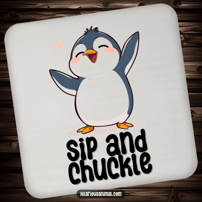 Funny clumsy penguin drink coasters featuring a penguin flapping flippers uncontrollably and chuckling, protecting surfaces with humor