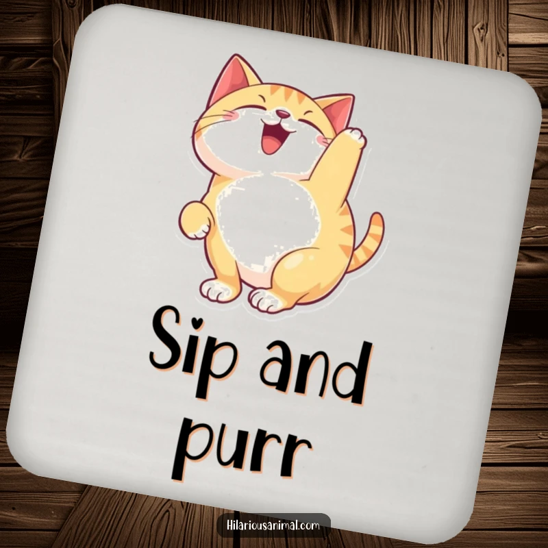 Funny happy cat coasters featuring a feline arching its back and chattering with delight, protecting furniture with feline grace.