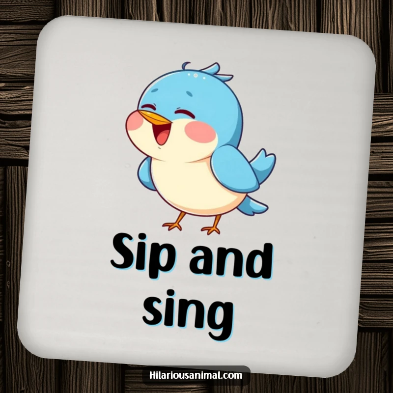 Funny Blue Bird Chirping Coaster - A humorous coaster with a blue bird tilting its head back, singing joyfully, protecting surfaces.