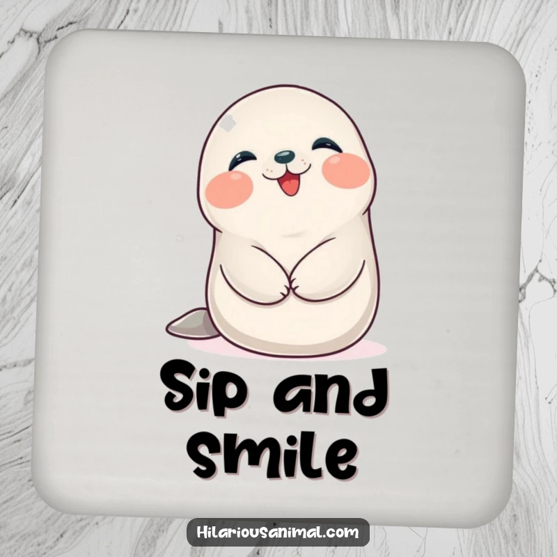 Funny Seal Cub Coaster: A happy, plump seal cub giggling while holding its belly, adding humor to drinks.