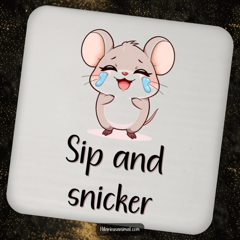 Funny small round mouse character laughing heartily, tears streaming on a drink coaster, protecting tables with laughter, a perfect funny gift.