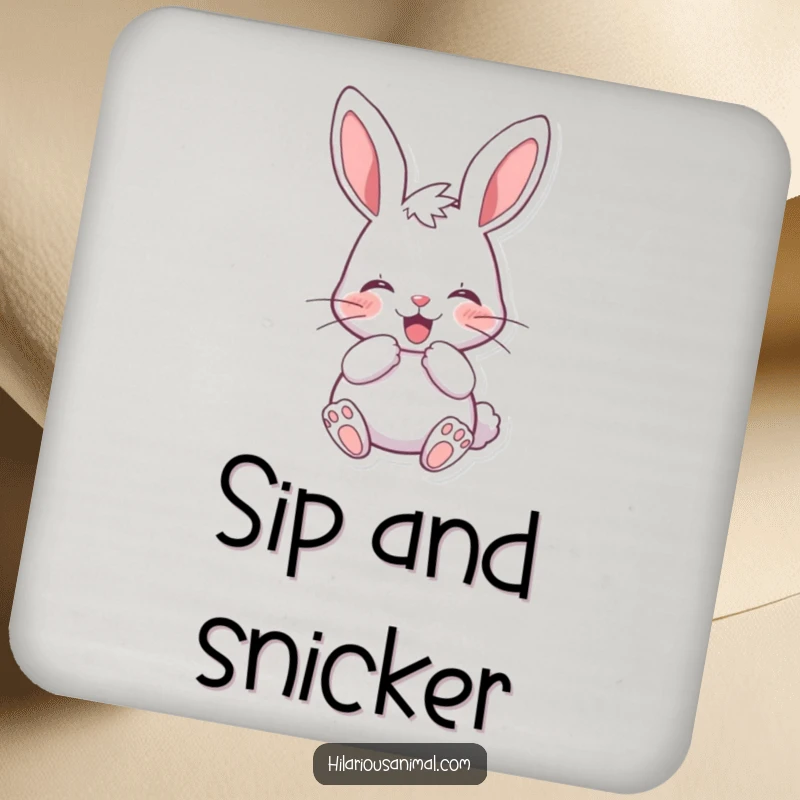 Funny cheerful bunny coasters featuring a rabbit muffling a laugh behind its paws, protecting furniture with adorable humor.