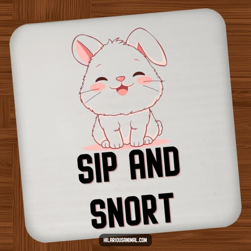 Funny bunny coaster featuring a fluffy white rabbit snorting with glee, ears flopped, protecting furniture with adorable charm.