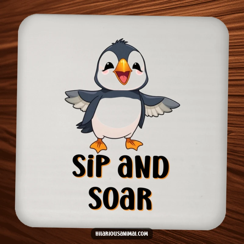 Funny cheerful puffin with wings flapping in amusement, laughing loudly, featured on protective drink coasters, adding cheerful art.