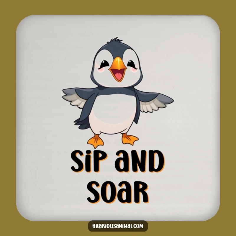 Funny Puffin Coaster Set: Cheerful Laughing Bird, Flapping Wings, Table Protection Gift