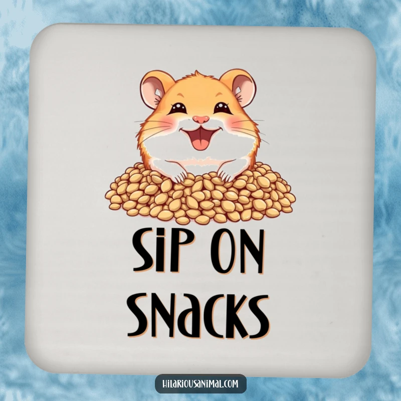 Funny hamster coaster of a joyful hamster with a wide grin, peeking from a pile of seeds.