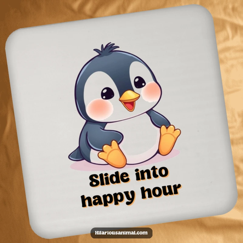 Funny penguin cub coasters, joyfully belly-sliding with a smile, protecting surfaces with humor and charm.