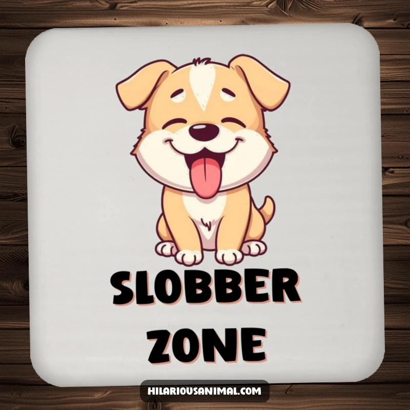 Funny dog coasters featuring a giggling puppy with its tongue lolling out, panting playfully, protecting your furniture with a smile.