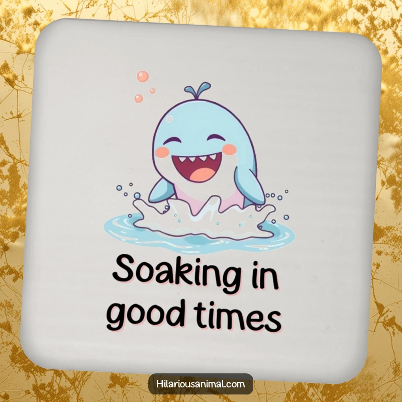 Funny drink coaster featuring a whale breaching and laughing, protecting surfaces with seaside humor.