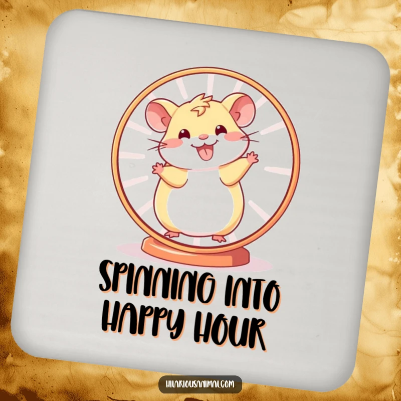 Funny Hamster Wheel Drink Coaster featuring a smiling hamster spinning rapidly, protecting surfaces with a dose of humorous energy.
