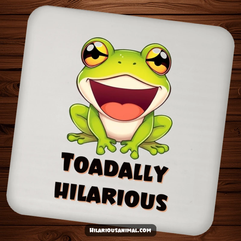Funny drink coaster with a green frog laughing with comically bulging eyes, protecting surfaces with amphibian humor.