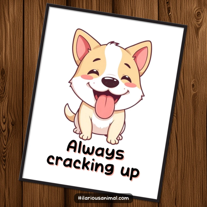Funny dog poster capturing a happy dog panting with its tongue hanging out, mid-chuckle, perfect wall decor.