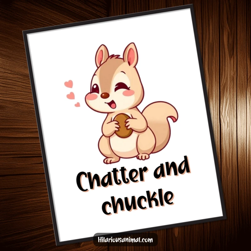 Funny squirrel poster depicting a curious squirrel chattering with amusement, holding a nut, a humorous art piece.
