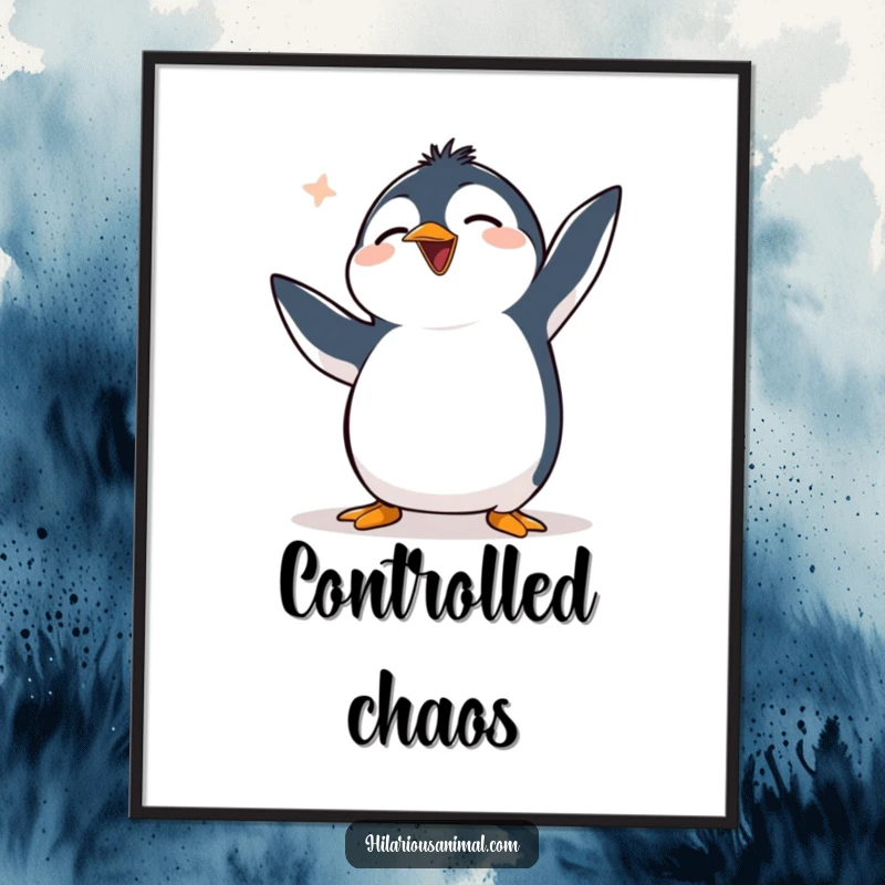 Funny clumsy penguin poster showing a penguin flapping flippers uncontrollably while chuckling, a vibrant and amusing piece