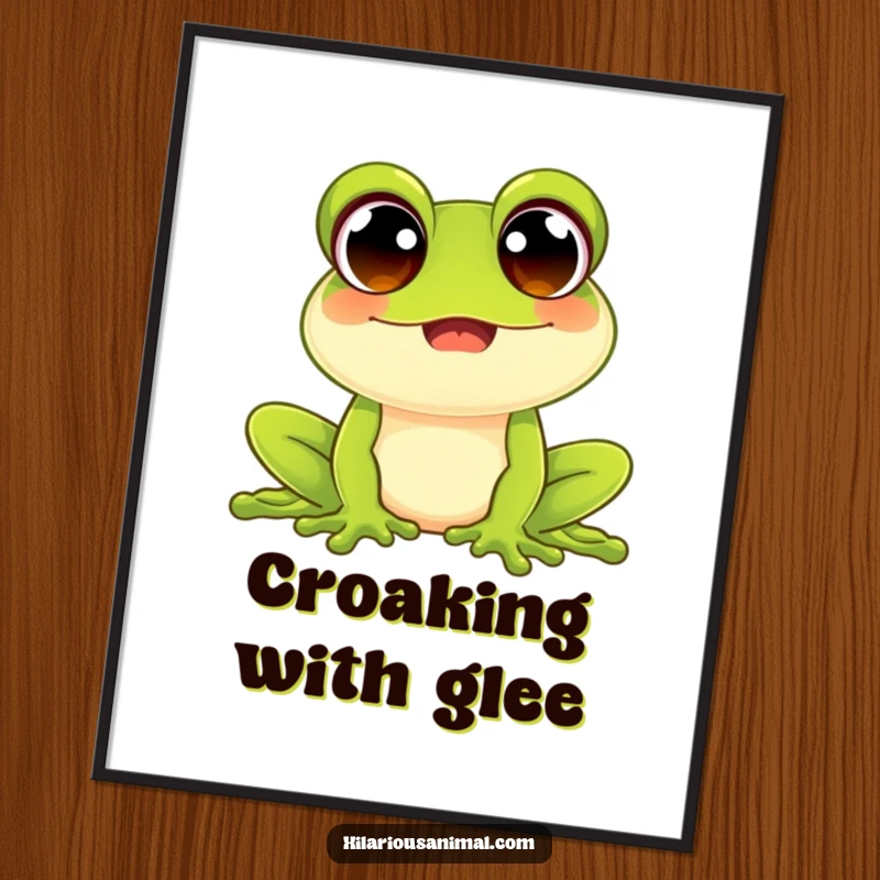 Funny happy frog poster with wide beaming eyes, captured croaking joyfully, cheerful amphibian design, adds a humorous and lively touch to any wall.
